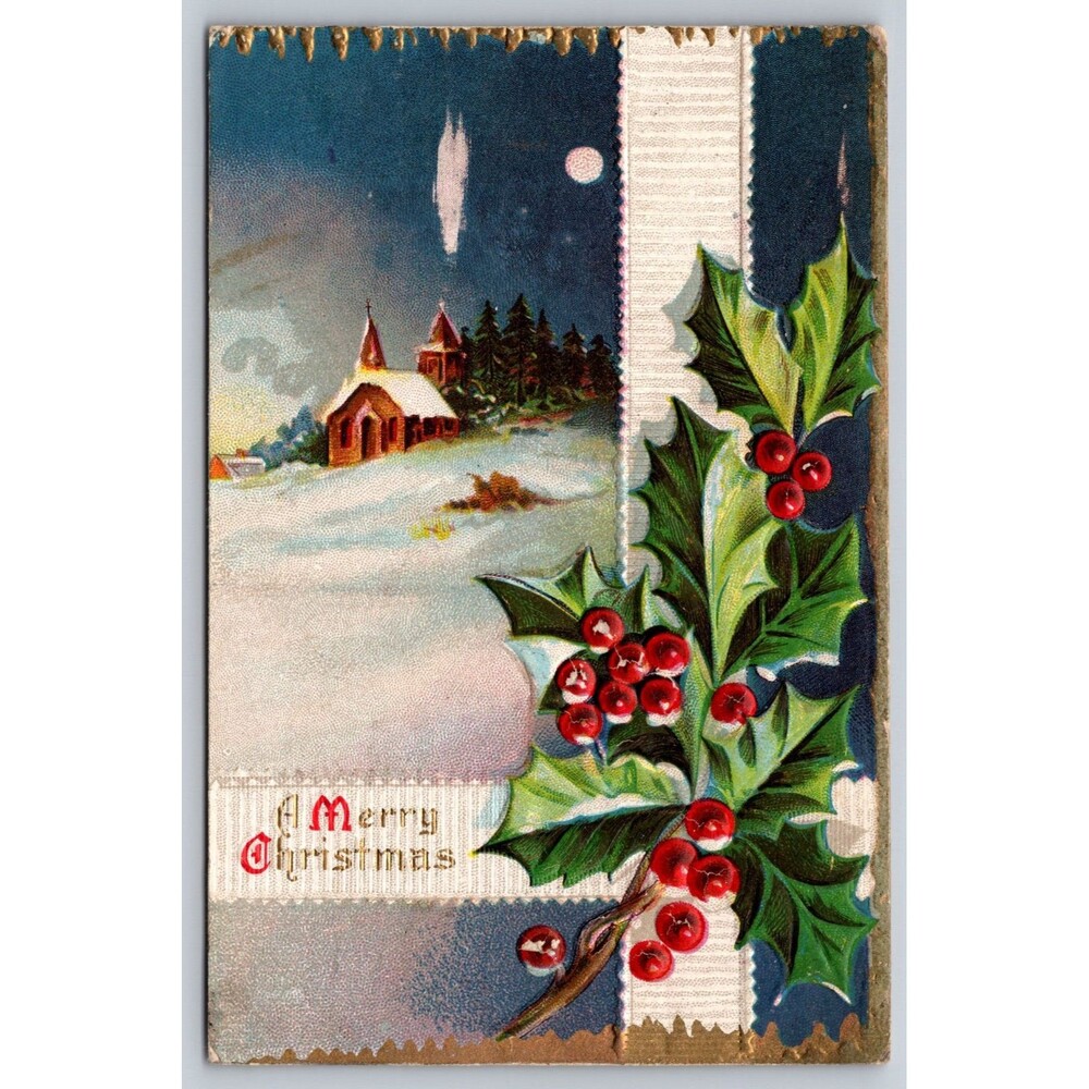 Postcard Merry Christmas Church Full Moon Holly Embossed Posted 1910 Butler PA